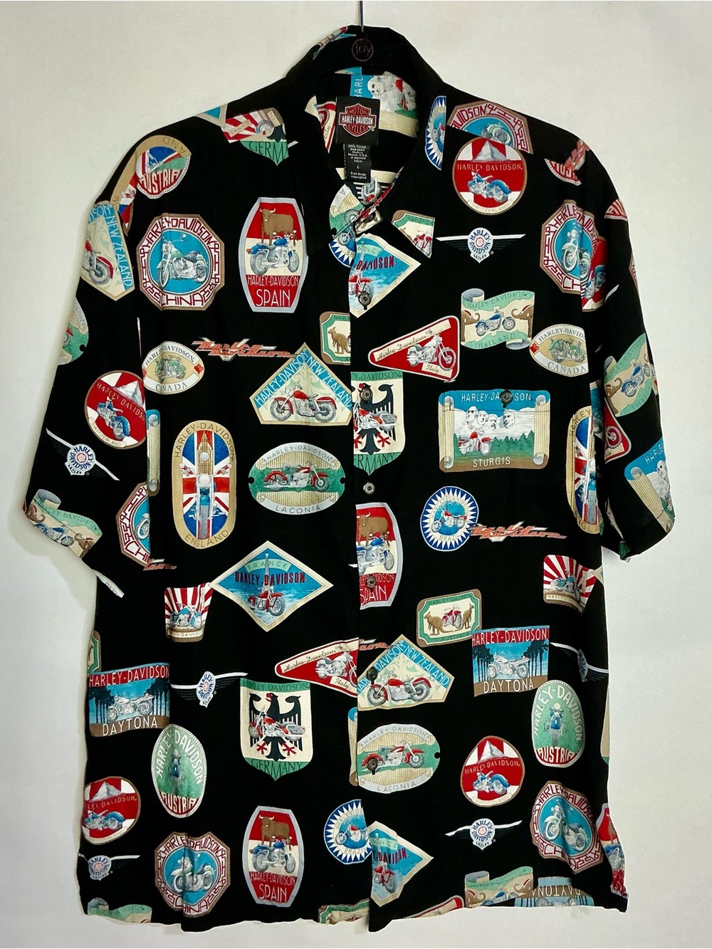 Harley-Davidson Black Short-Sleeve Shirt with Multi-Color Travel Patch Prints